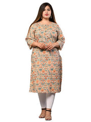 Women Printed Pure Cotton Plus Size Straight Kurta (Beige) (54)